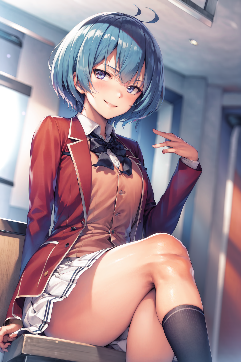 31891-87997399-masterpiece, best quality, highres, 1girl ibuki mio short hair blue hair, white skirt red jacket open jacket  smile, sitting, cr.png